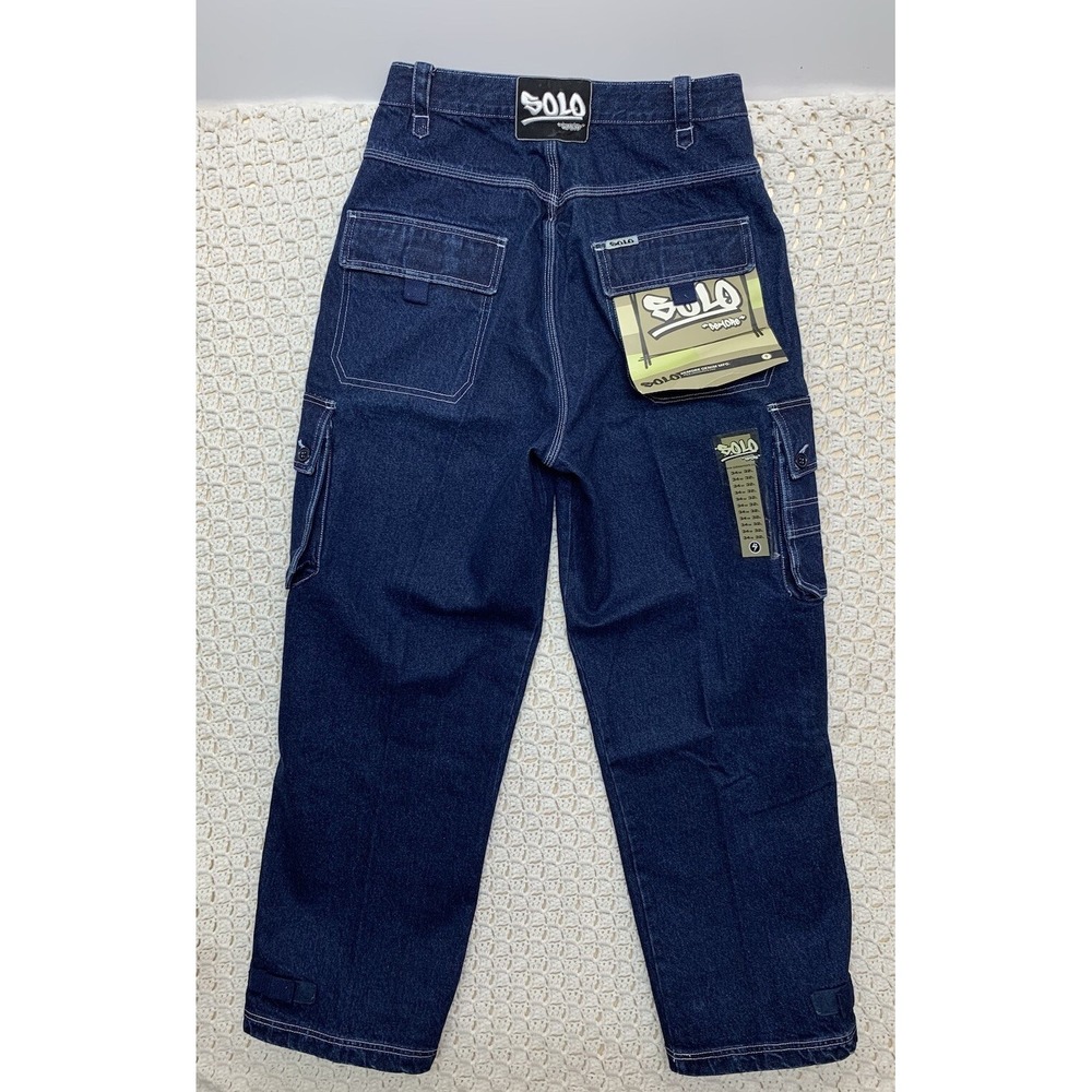 Vtg Solo Semore Cargo Jeans Mens Tag 34 Approx 32x32 Blue Baggy Hip Hop Wide Leg